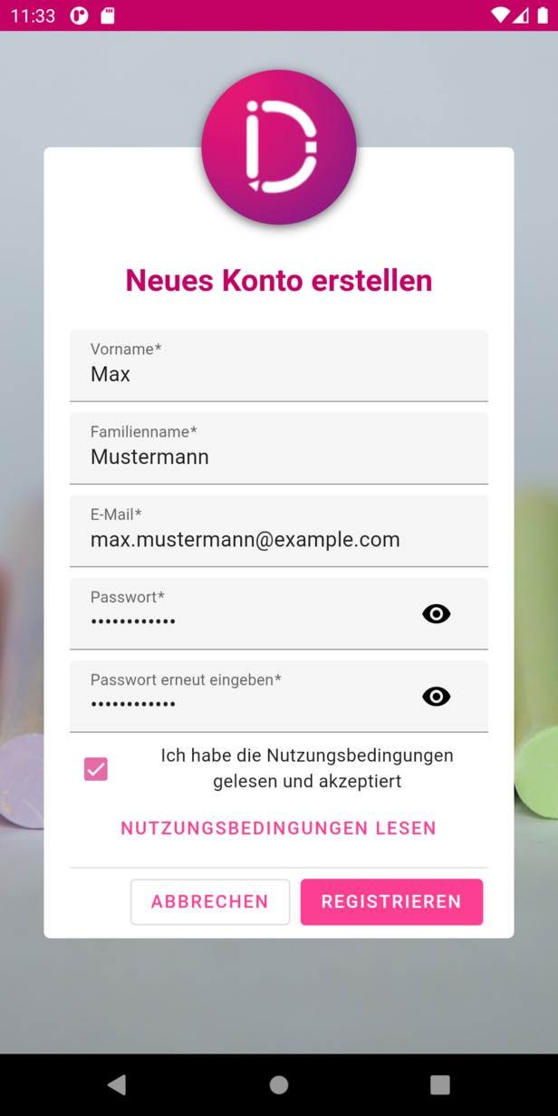 Registrierung Screenshot