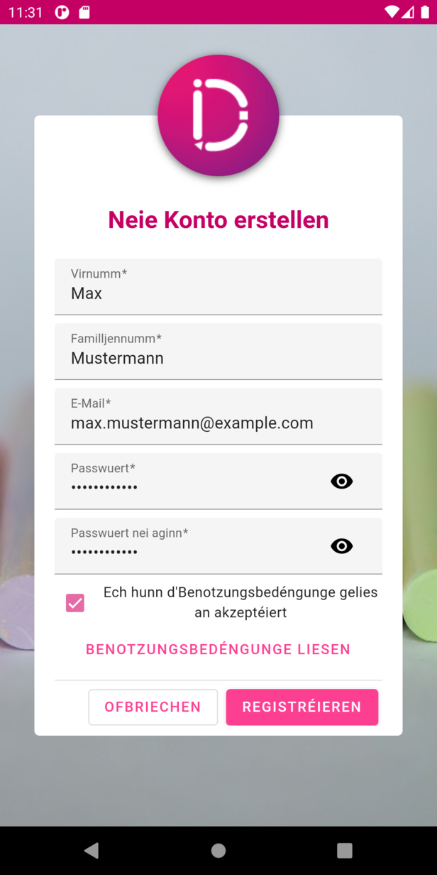 Registrierung Screenshot